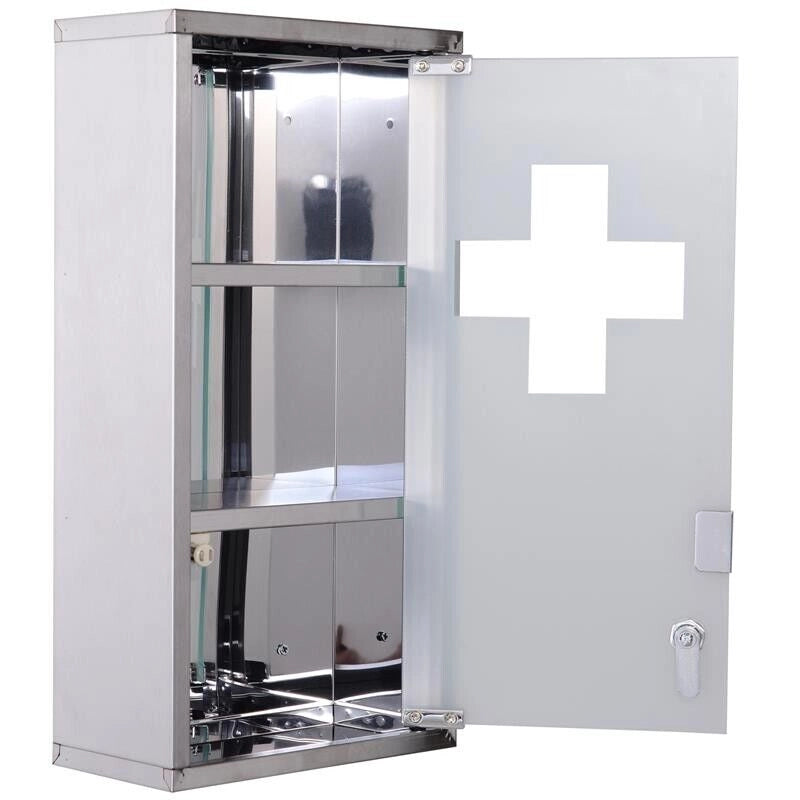 ARMADIETTO PORTA MEDICINALI IN VETRO IN ACCIAIO PORTA E 2 CHIAVI PRONTO SOCCORSO CASSETTA MEDICINE 48X25CM