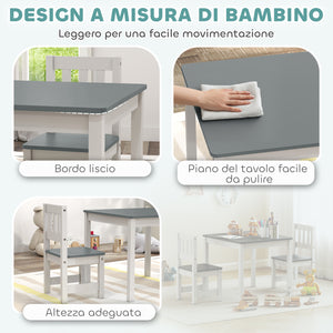 Set Tavolo e Sedie per Bambini da 3-8 Anni in Legno con Bordi Arrotondati Grigio e Bianco