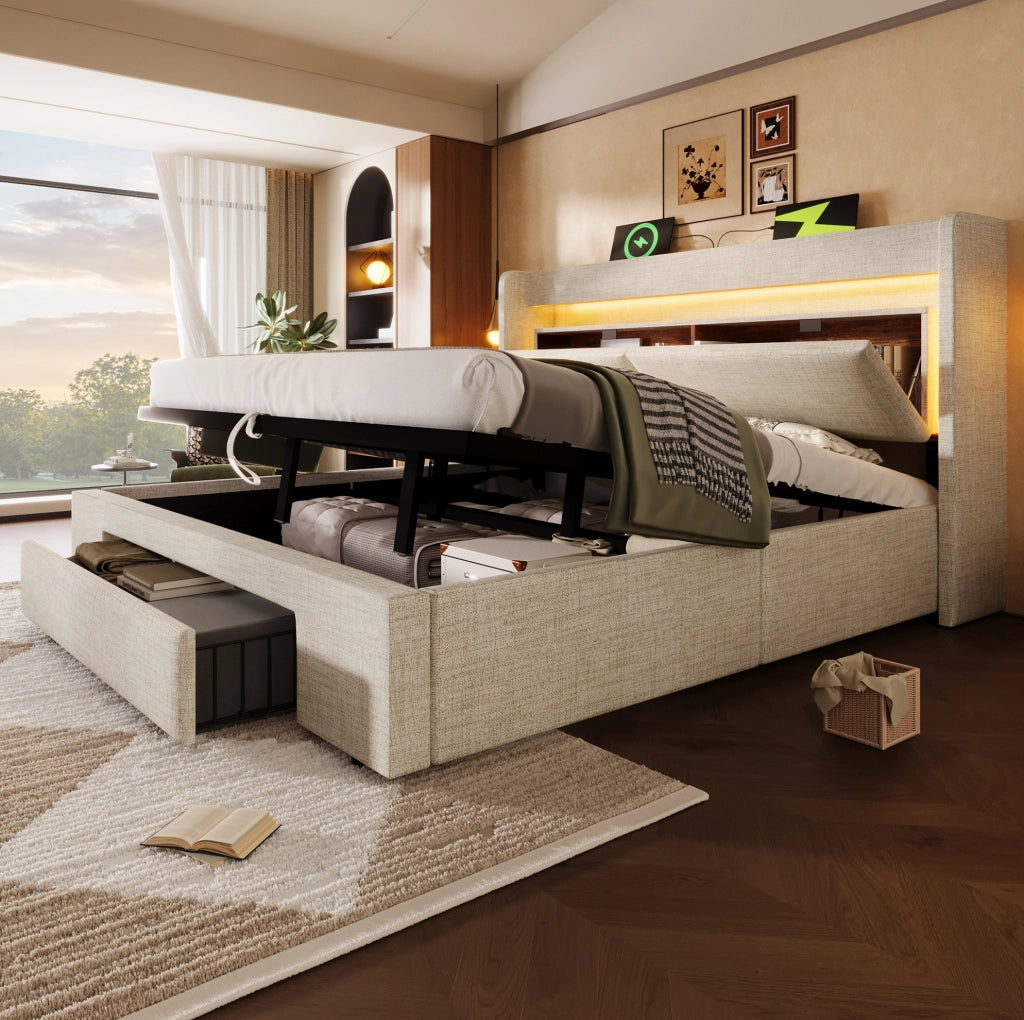 Letto imbottito 140x200 cm con contenitore; LED; USB e materasso; beige