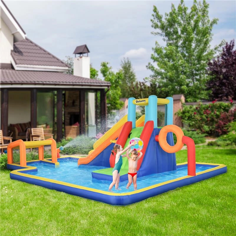 CASTELLO GONFIABILE PER BAMBINI 3-8 ANNI CON SCIVOLO, PARETE, PORTA E CANESTRO, IN TESSUTO OXFORD, 590X460X220 CM