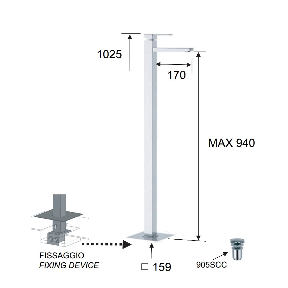 Rubinetto monocomando lavabo da terra serie qubika remer