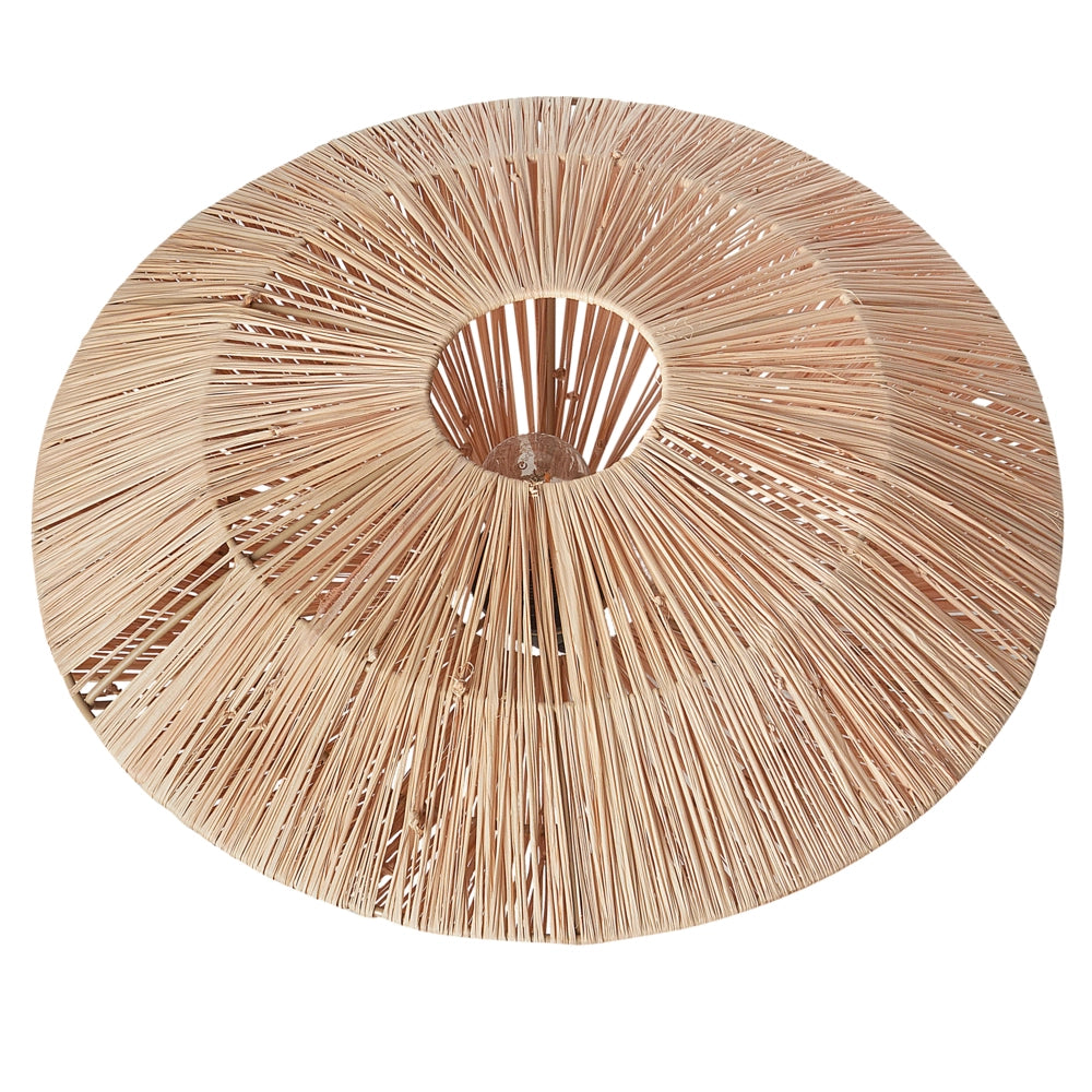 Lampada da tavolo con base in ferro e paralume in paglia naturale stile boho