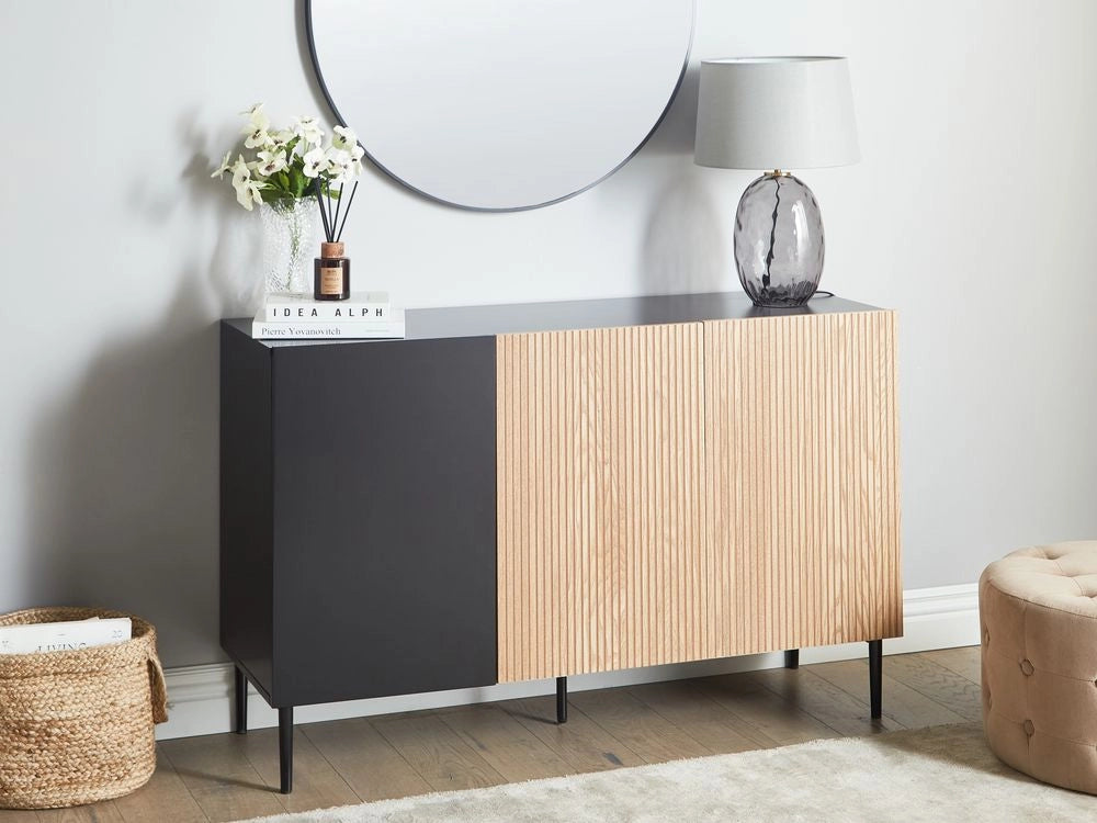 Credenza moderna a 3 ante in MDF legno chiaro e nero a coste stile moderno