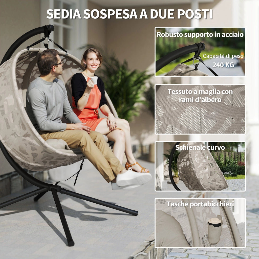 Poltrona Sospesa 2 Posti con 2 Tasche. 2 Cuscini e Cesto Pieghevole. 130x103x172 cm