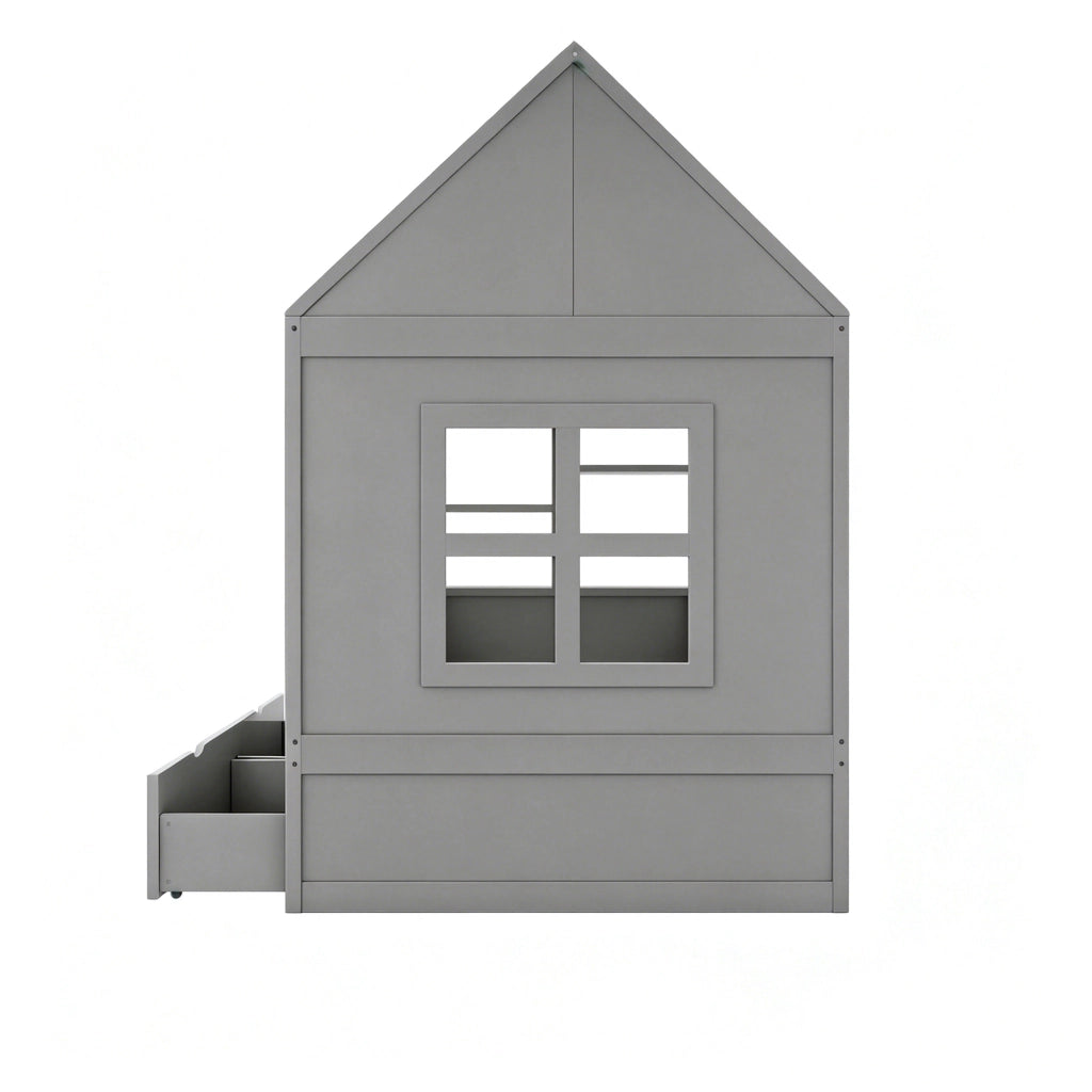 Letto per bambini 90 × 200 cm con due cassetti, led, contenitore e finestra decorativa, senza materasso, in legno, grigio