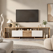 Mobile TV moderno 180x30x49 cm con 2 ante a ribalta, 1 anta e 3 vani aperti, bianco e effetto legno naturale