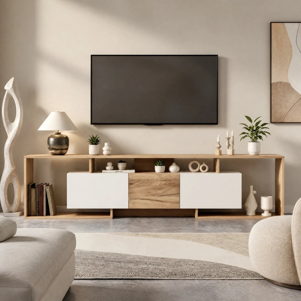Mobile TV moderno 180x30x49 cm con 2 ante a ribalta, 1 anta e 3 vani aperti, bianco e effetto legno naturale
