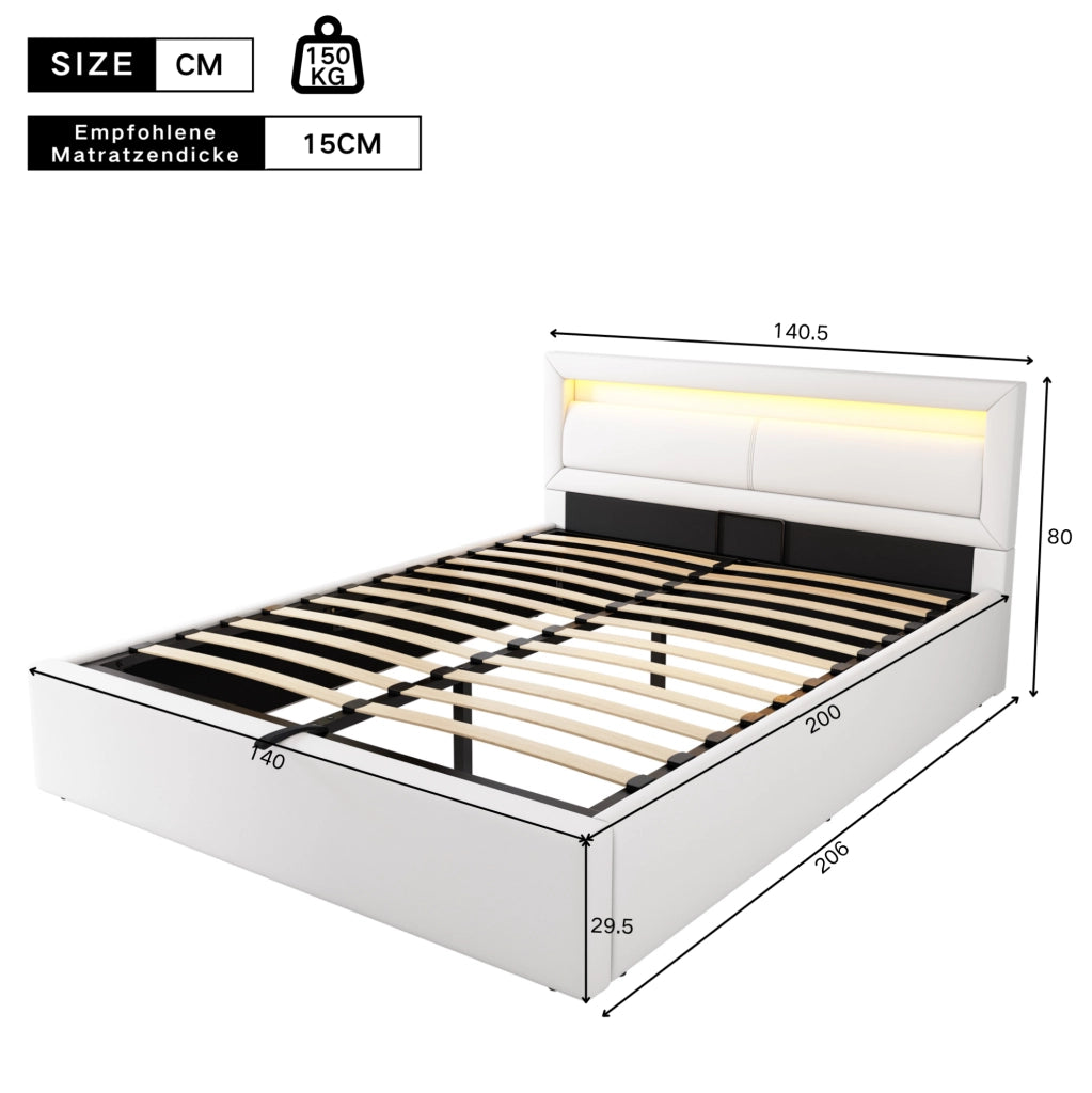 Letto imbottito 140x200 cm con contenitore; rete a doghe e luce LED bianca; bianco in PU