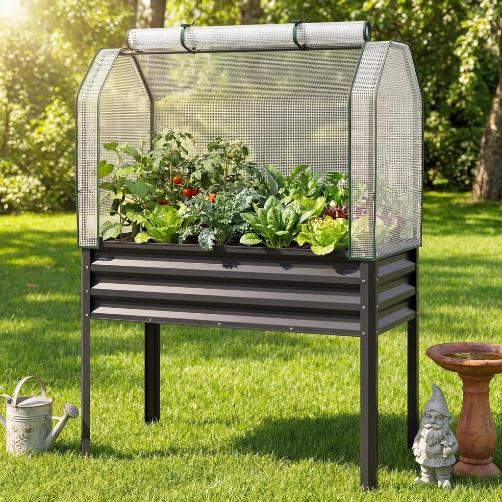 Orto Rialzato da Esterno con Serra, Fioriera Rialzata con Copertura in PE, Porta Avvolgibile con Cerniera e Guanti, Aiuola Rialzata per Verdure, Fiori e Frutta, 112 x 55 x 152 cm (Grigio)