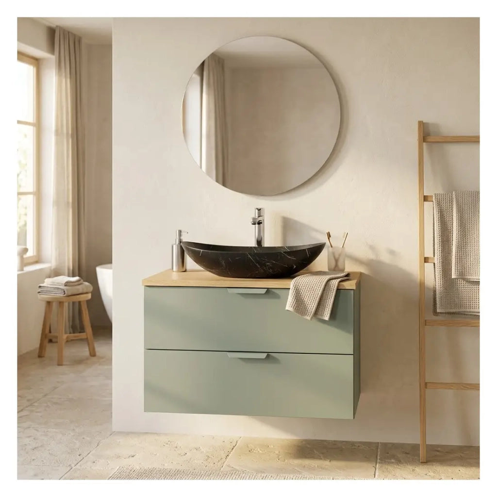 Set OSTER 80cm: mobile con cassetti verde salvia + piano per lavabo + lavabo da appoggio nero striato bianco