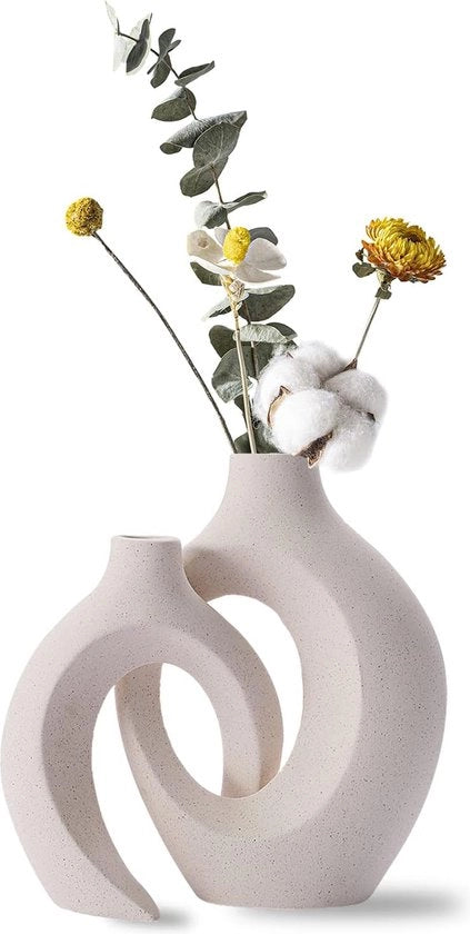 Set di 2 Vasi in Ceramica - Beige - Pampas - Fiori Secchi - Fiori Freschi - Vasi - Ceramica