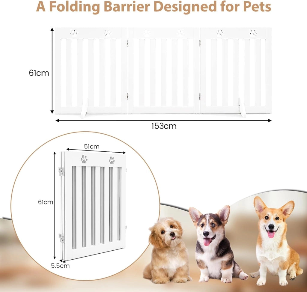 Cancelletto per Cani Pieghevoli 150 x 60 cm, Barriera per Cani in Legno a 3 Pannelli con Piedini Stabili, Recinzione per Scale, Ingressi e Corridoi (Bianco)