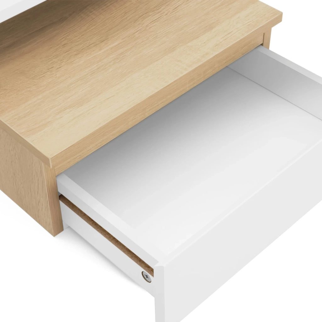 IDMarket - Set di 2 comodini a parete TOMI con mensola sospesa + 1 mensola in faggio e cassetto bianco