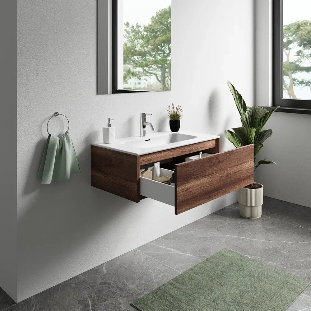 Mobile bagno sospeso 80cm un cassetto apertura push&pull rovere barok con lavabo | Galdor