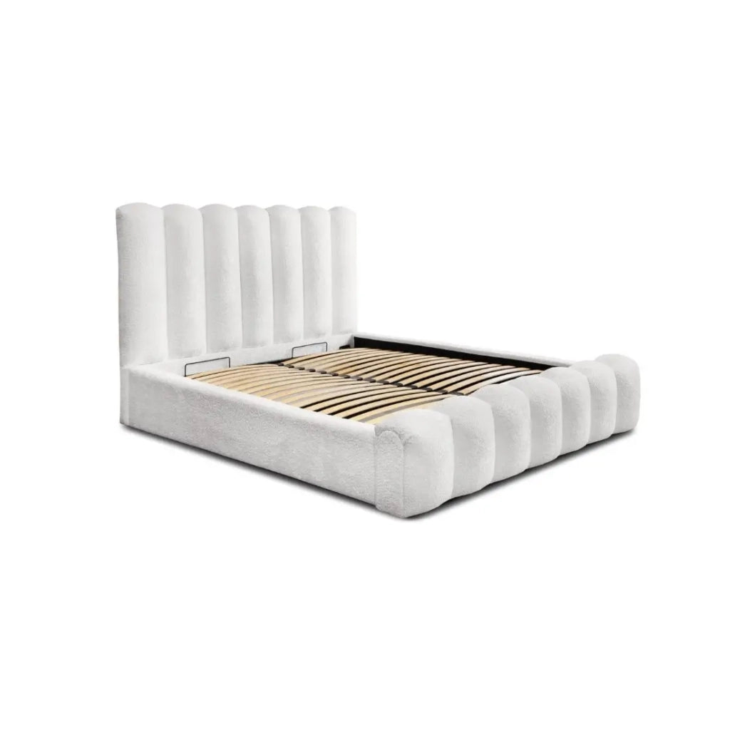 Letto contenitore BADJA – Tessuto bouclé Perla di lino – 180x200 cm – Rete sollevabile – Design di alta gamma
