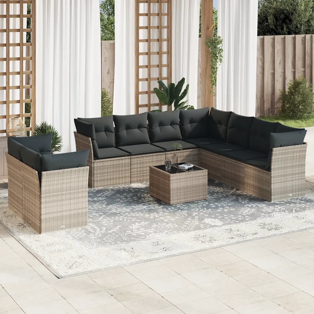 Set Divano Giardino 10 pz con Cuscini Grigio Chiaro Polyrattan 3217852