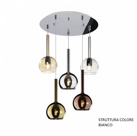 SOSP. BIANCO TONDA 5 LUCI VETRI TUTTI PICCOLO TRASPARENTE AMBRA CROMO ORO RAME 1155BI-S5 TP-MC