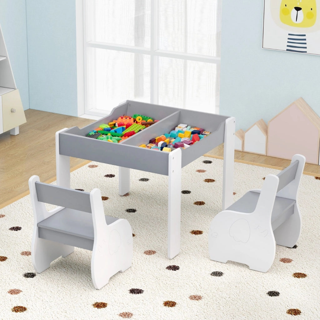 Set di tavolo e sedie per bambini con deposito lavagna rimovibile, Set di mobili 3 PCS per ragazzi e ragazze Bianco e grigio-Tavoli e sedie