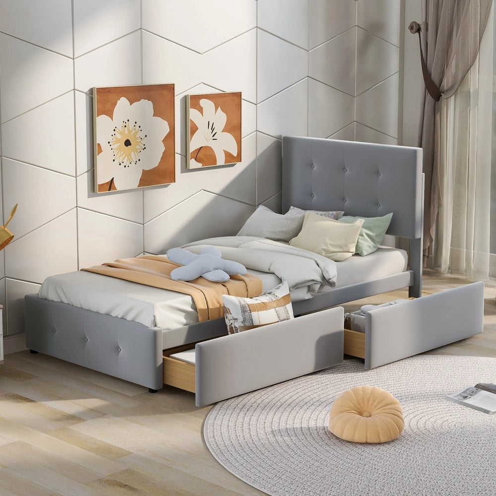 Letto imbottito singolo con cassetti e rete a doghe ¨C Minimal ¨C velluto grigio 90x200 cm