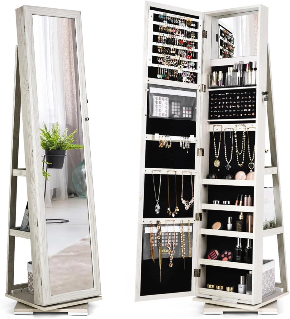 Armadietto Portagioielli Autoportante Girevole con Specchio, Specchio a Figura Intera Organizzatore per Gioielli, Porta Richiudibile a Chiavi, 161x39x39cm (Bianco, 39 x 39 x 161 cm)