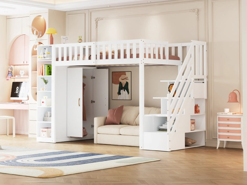 DESMIU Letto a soppalco 1 posto con armadio, scaffali e scala contenitore 90 × 200 cm, senza materasso, bianco