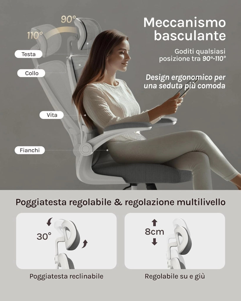 Sedia Ufficio Ergonomica, Sedie Ufficio a Rete Traspirante, Con Supporto Lombare Adattativo a Forma Di C, Poggiatesta Regolabile, Braccioli Ribaltabili, per Scrivania, Casa, Grigio