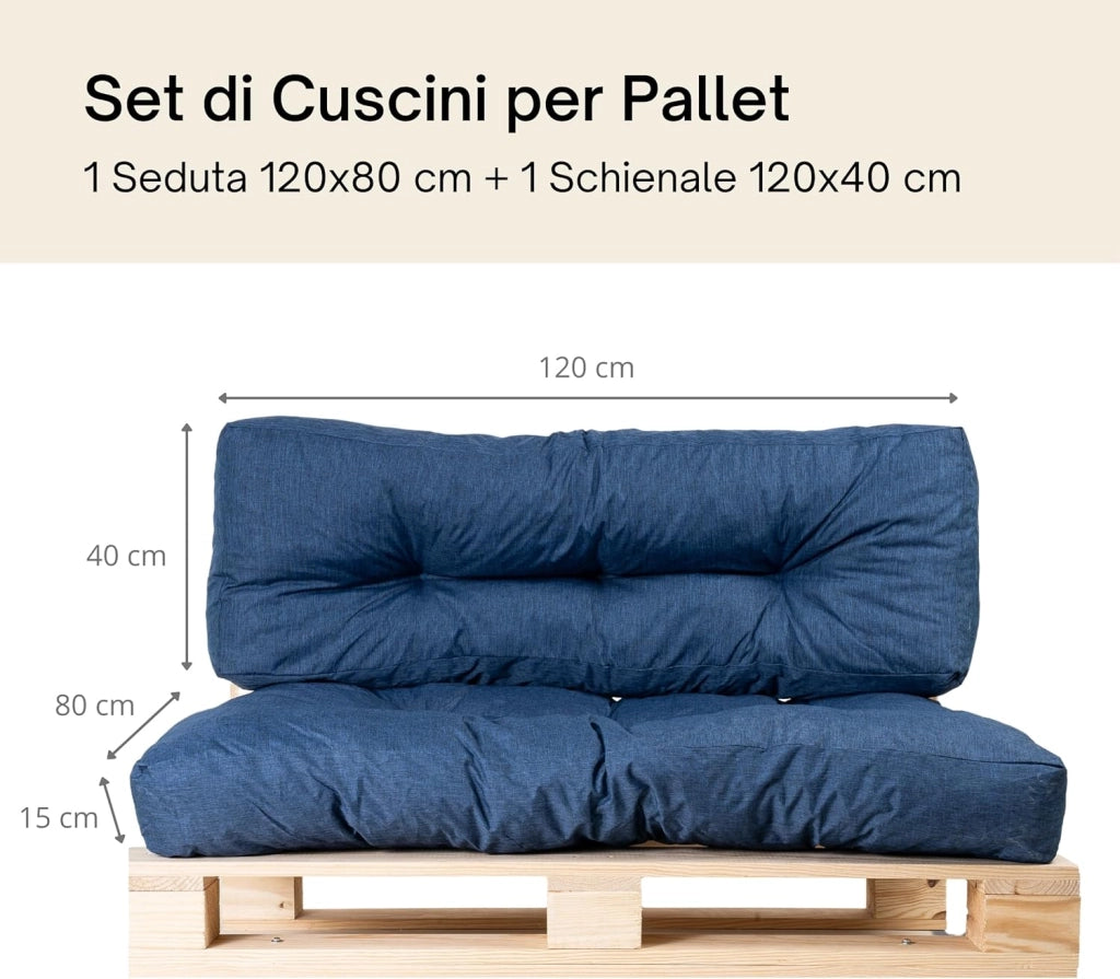 Cuscini per Pallet - Tessuto Idrorepellente e Anti-UV - Molto Confortevole, Imbottito in Schiuma - Cuscini per Divano Esterno Giardino (Seduta 120x80 cm + Schienale 120x40 cm, Blu)