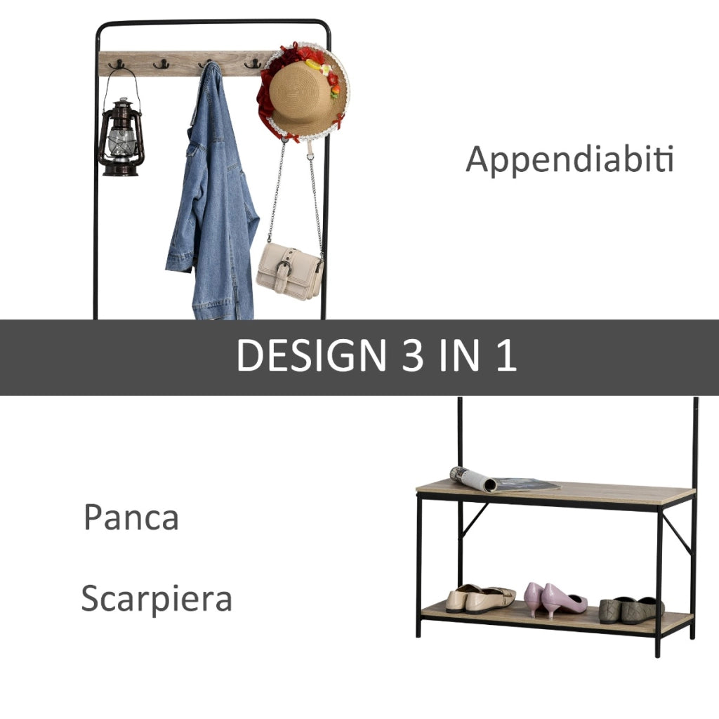 EasyComfort Appendiabiti con Panca e Scarpiera in Stile Industriale, Mobile per Ingresso Vintage in Legno e Acciaio Nero