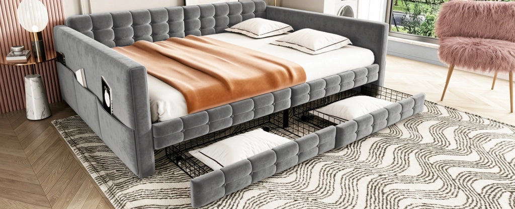 Letto imbottito 140x190 cm in velluto grigio con cassetti e tasche laterali
