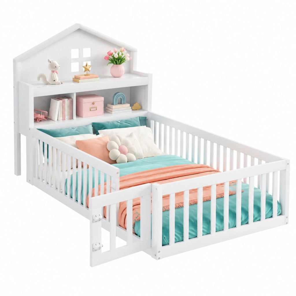 Letto per bambini a casetta 90x200 cm in legno massello bianco con contenitori; lavagna e rete a doghe