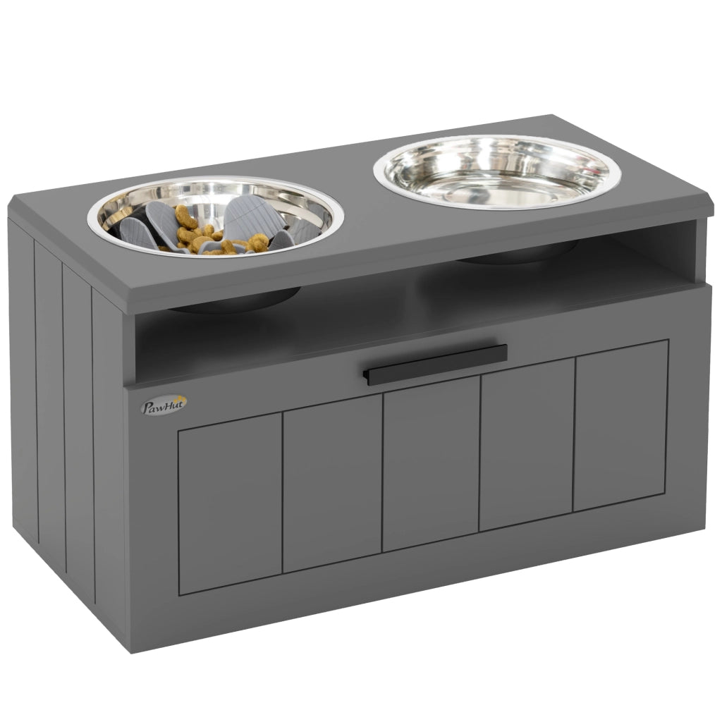 Stazione di alimentazione per cani grandi ¨C Xylo ¨C 2 ciotole acciaio inox, cassetto, grigio MDF