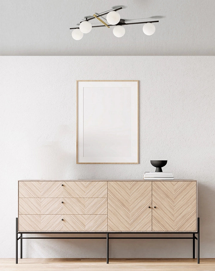 KIKA LAMPADA DA SOFFITTO 5 LUCI VETRO BIANCO STRUTTURA NERA PARTICOLARI ORO ATTACCO G9