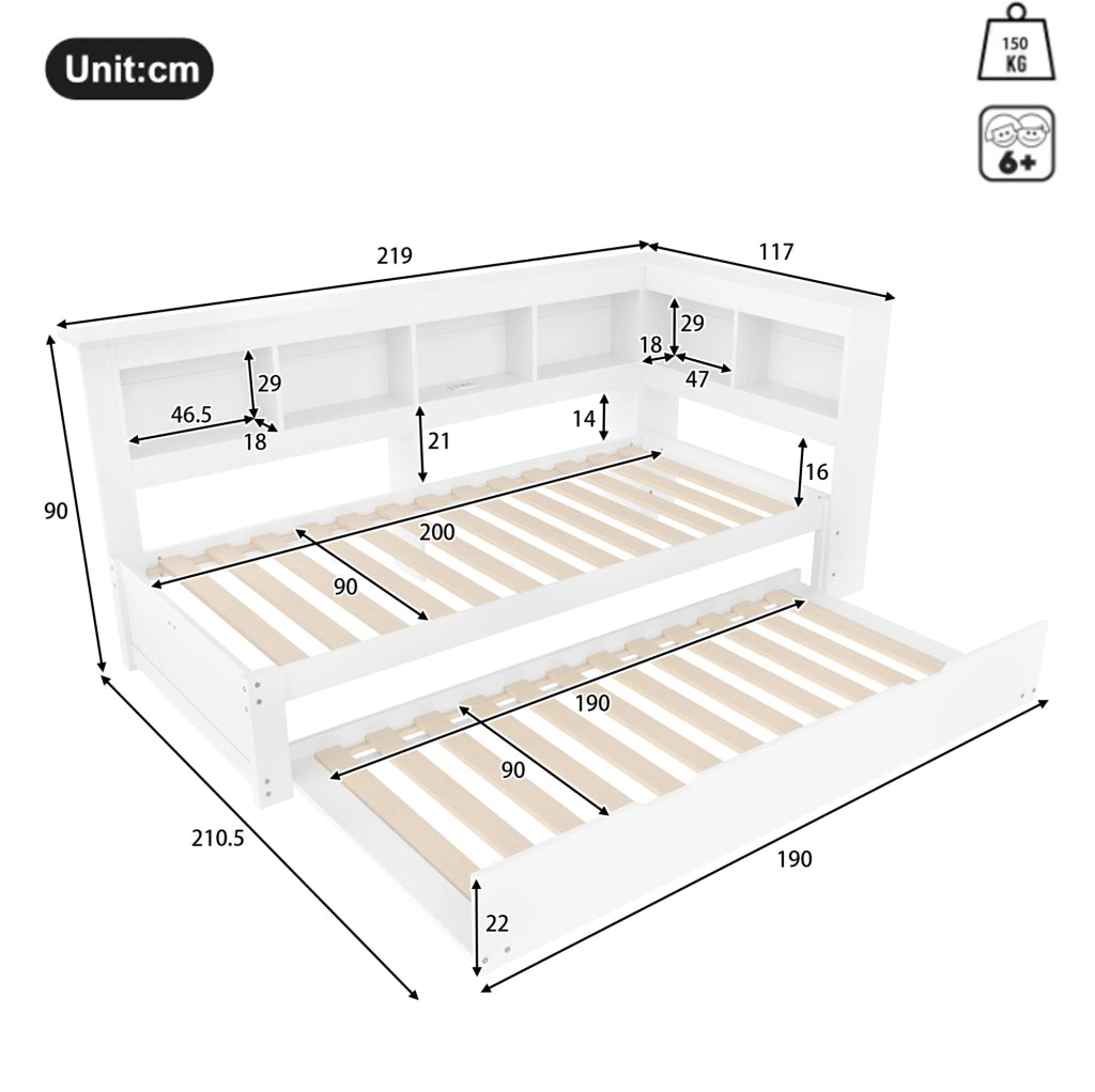Divano letto 90x200 cm con letto estraibile; presa di ricarica e 2 porte USB in pino bianco