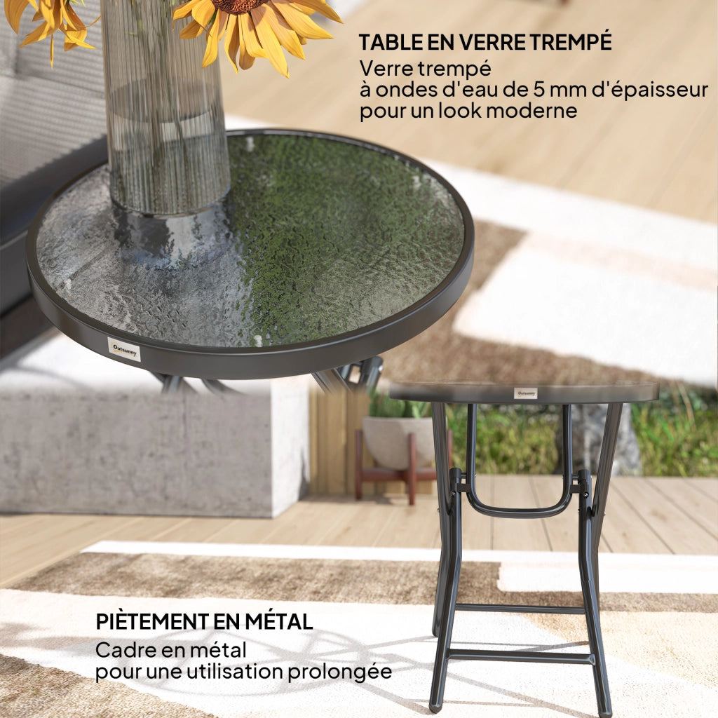 Tavolino rotondo da giardino ¨C zephmum ¨C nero, metallo, vetro temperato, ?60x50 cm, pieghevole