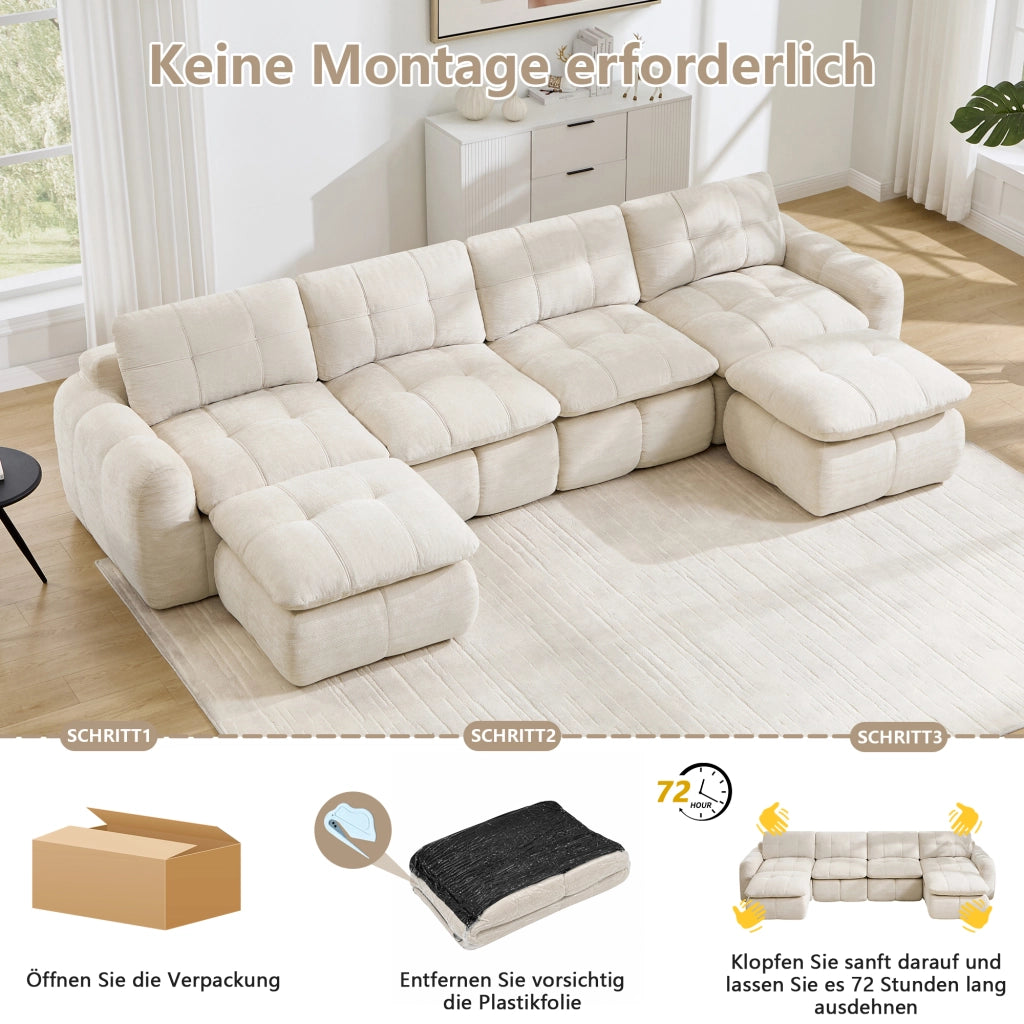 Divano modulare a U 4 posti senza montaggio con design trapuntato e 2 pouf per soggiorno in chenille beige