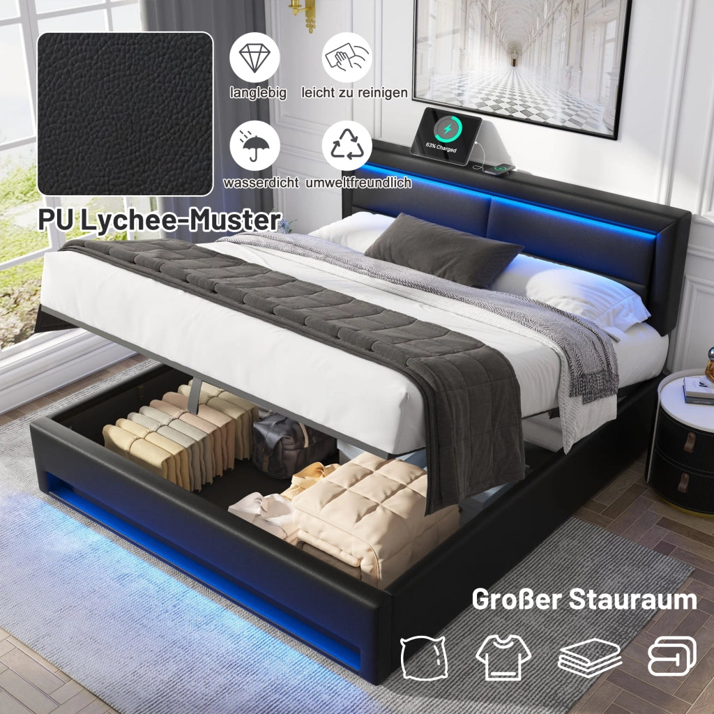 Letto matrimoniale – 140x200 cm – USB LED contenitore – PU litchi nero