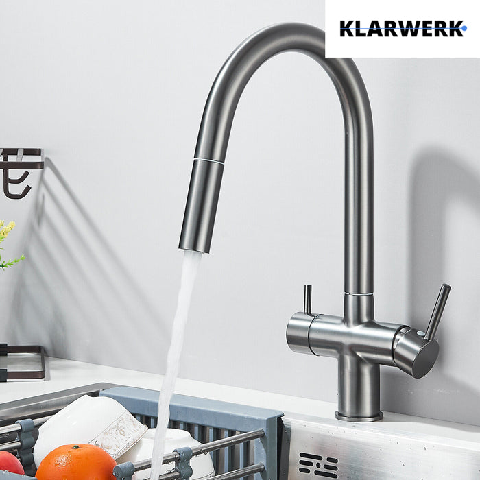 Jana | Raccordo estensibile premium a 3 vie grigio titanio opaco | Rubinetto osmosi da cucina in acciaio inox |. Filtro 3 connessioni ad arco alto