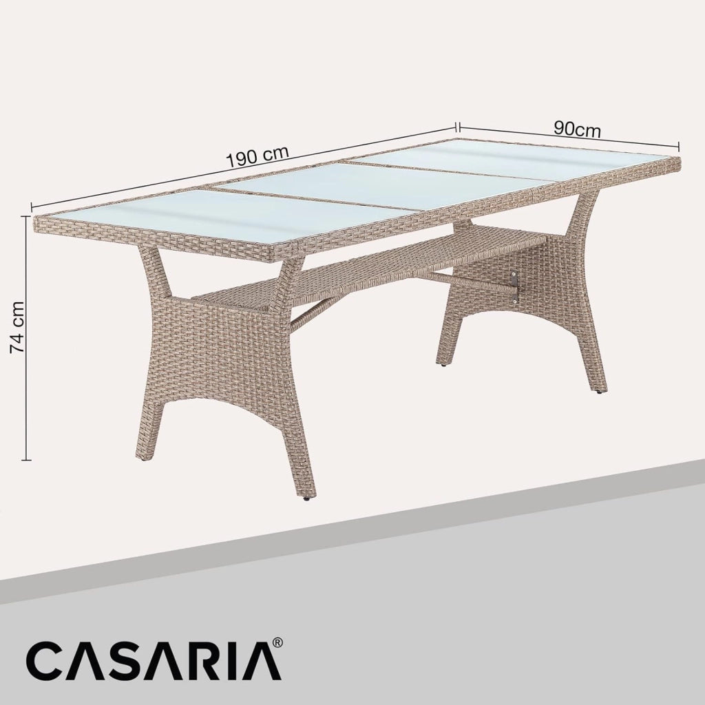 Tavolo da Giardino in Polyrattan 190x90x74cm con Ripiano in Vetro Altezza Regolabile da Pranzo per Terrazza Esterno