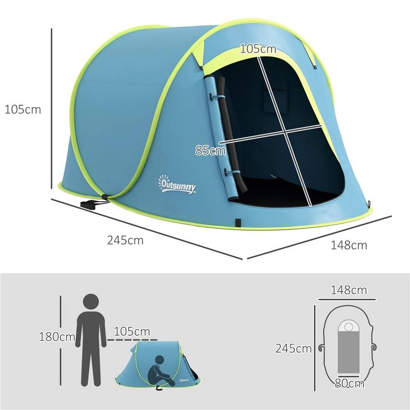 TENDA DA CAMPEGGIO POP UP IMPERMEABILE CON ACCESSORI E BORSA DI TRASPORTO, 245X148X105 CM, BLU