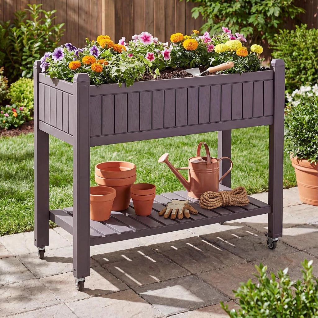 Letto da Giardino Rialzato con Ruote, Fioriera Elevata Divisibile con Monitor d’Acqua, Foro di Drenaggio e Ripiano per Verdure, Erbe, Contenitore Impermeabile per Piante da Cortile e Patio