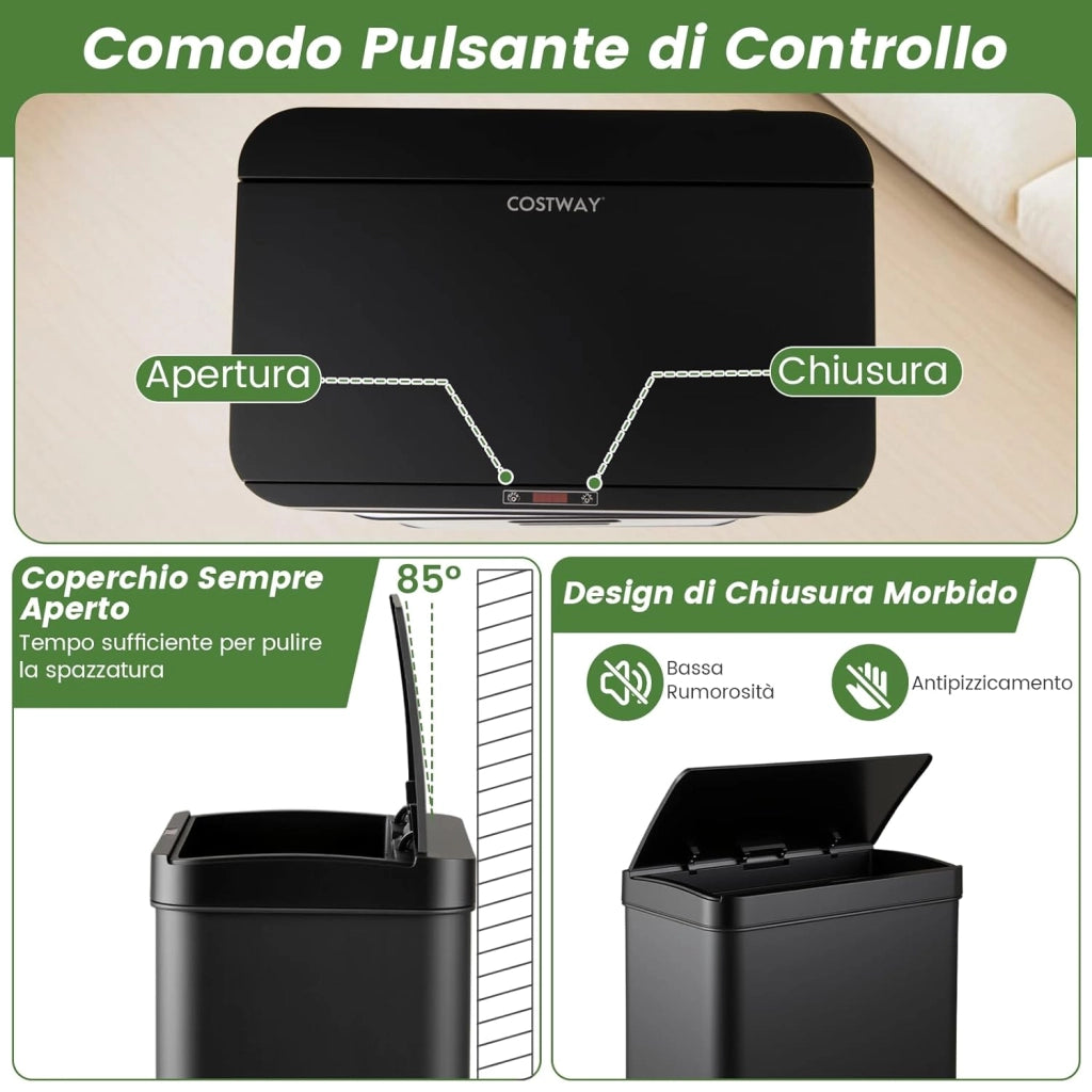 56L Pattumiera Differenziata, Pattumiera in Acciaio Inossidabile a 3 Scomparti con Coperchi, Sensore di Movimento, Coperchio a Chiusura Lenta per Cucina Soggiorno Ufficio (Nero)