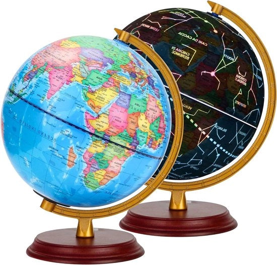 Mappa del Mondo 20 cm con Base in Legno, Mappa Oraria con Simboli dei Segni Zodiaca, Lampada LED 2 in 1 con Illuminazione della Mappa del Cielo