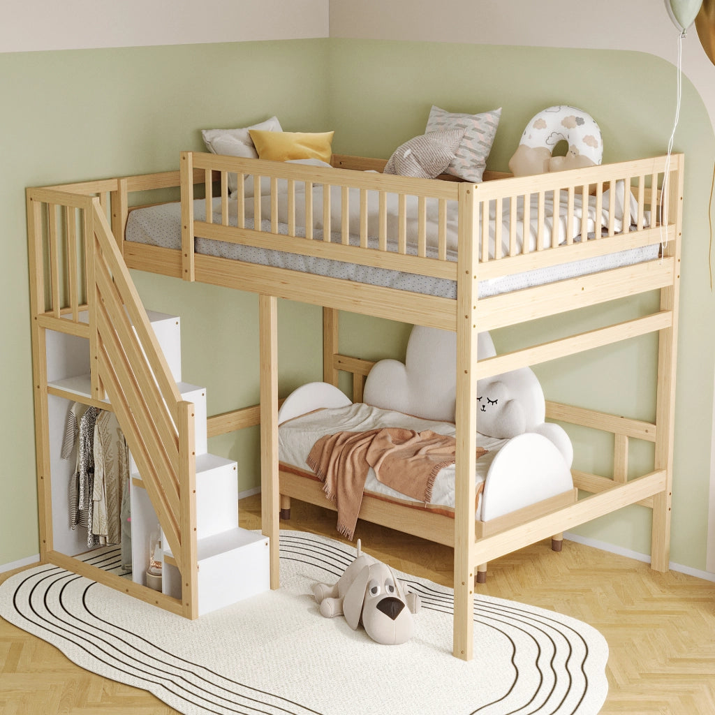 Letto in legno massello naturale con scala e vano contenitore altezza parapetto 140x200 cm