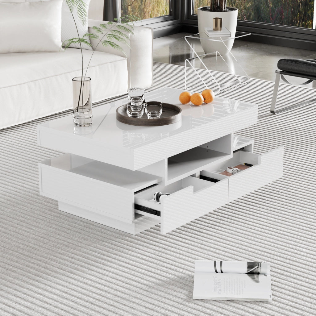 Tavolino da caffè con 4 Cassetti e 3 Vani Aperti; Striscia LED; Bianco Lucido; Stile Moderno; in Pannello truciolare; 80×50×36 cm