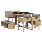 Set Pranzo da Giardino 9 pz | Set Salotto da Giardino con Cuscini Beige Misto Polyrattan