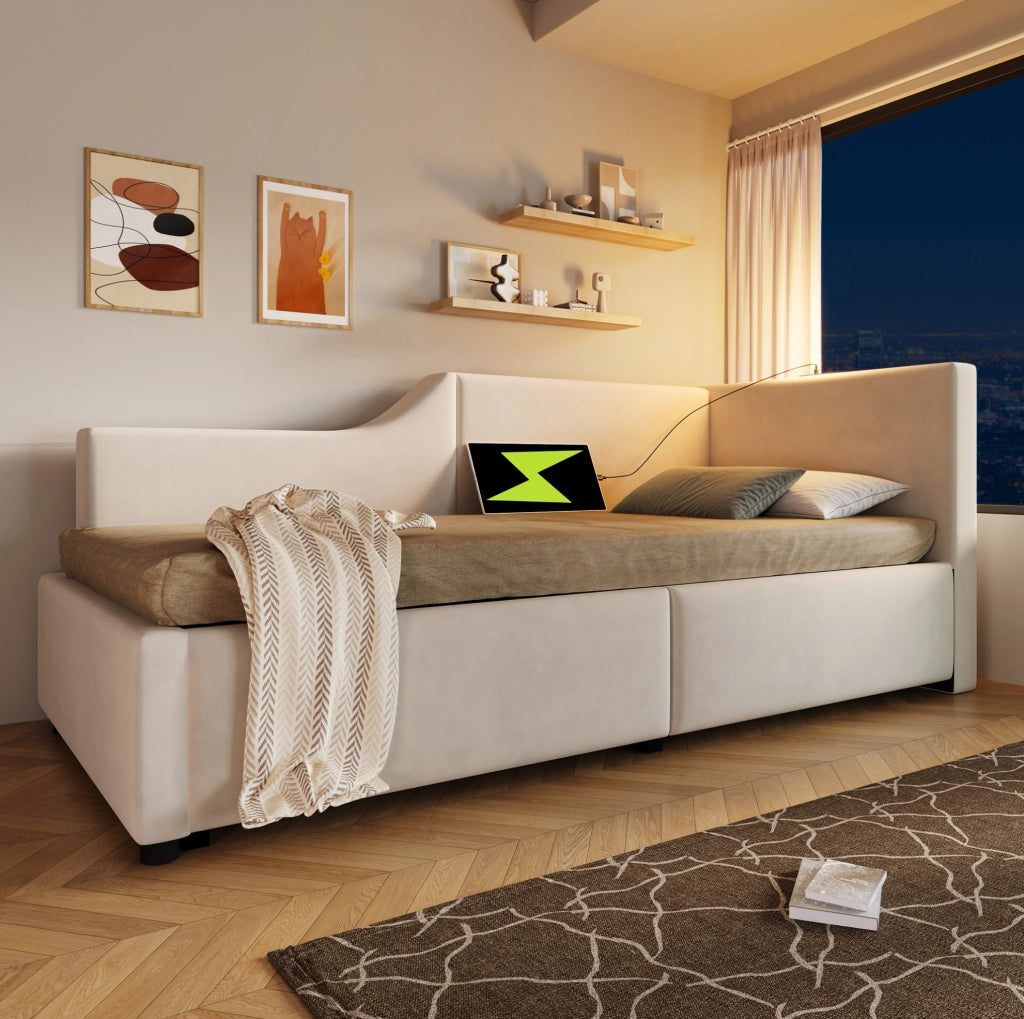Letto a giorno 90x200 cm con contenitore; lampada da lettura e USB C; velluto beige