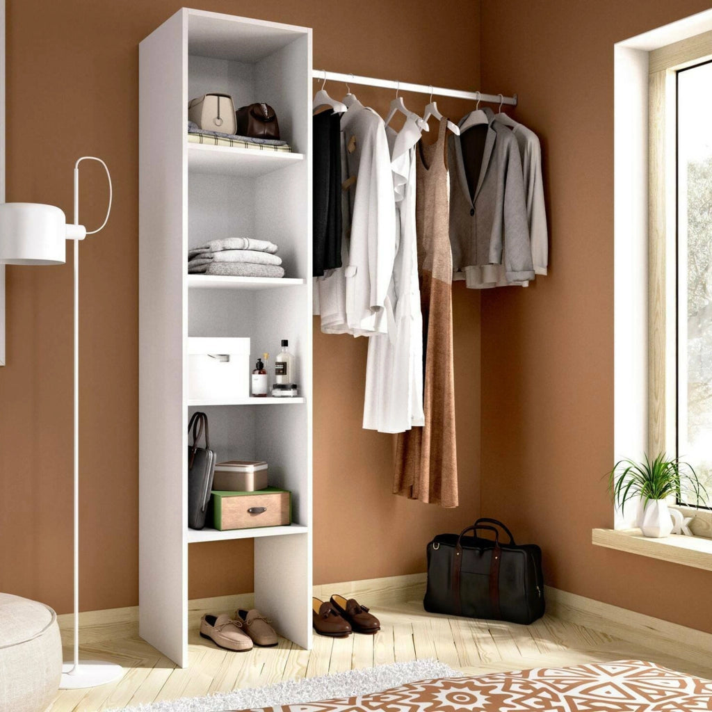 Guardaroba Adler, Struttura per cabina armadio, Mobile appendiabiti aperto, 138x40h186 cm, Bianco