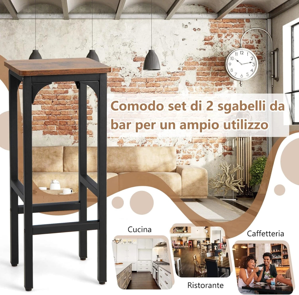 Set di 2 Sgabelli da Bar, Sgabello Cucina con Poggiapiedi, H71,5 cm, Gambe Regolabili, Struttura d'Acciaio, per Pub e Ristoranti, Marrone Rustico