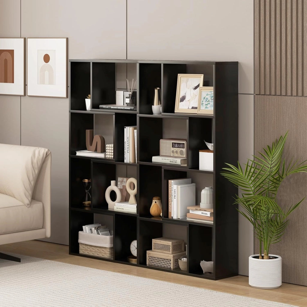 Libreria Geometrica a 4 Ripiani, Organizzatore Moderno con 8 Cubi, Mensola Espositiva a Pavimento, Mobile di Stoccaggio in Legno per Soggiorno Camera da Letto Studio, 60x20x120 cm (Nero)