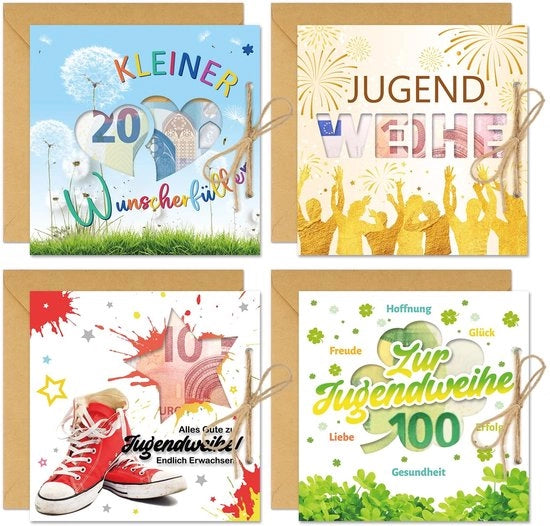 Set di carte di auguri per bambini - confezione regalo - 4 pezzi - tema cavalli e fiori - presentazione creativa - regalo di denaro